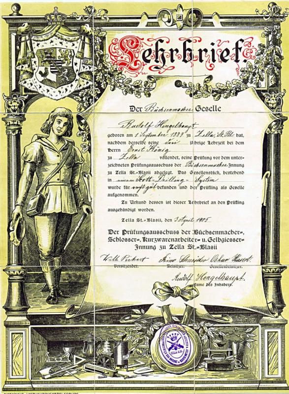Lehrbrief des Büchsenmachergesellen Rudolf Hengelhaupt aus Zella St. Blasii mit Darstellung eines Gesellen auf Wanderschaft