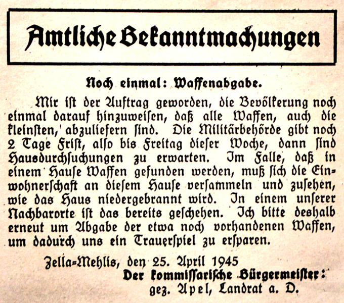 Amtliche Bekanntmachung zur Waffenabgabe vom 25. April 1945
